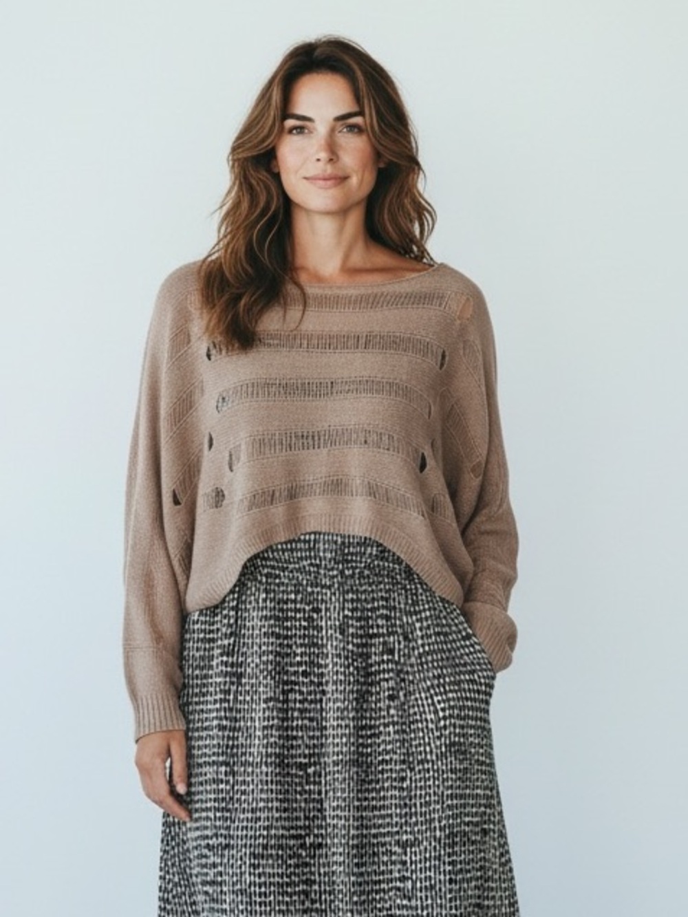 Umgee Taupe Distressed Ladder Knit Boatneck Oversized Sweater M/L